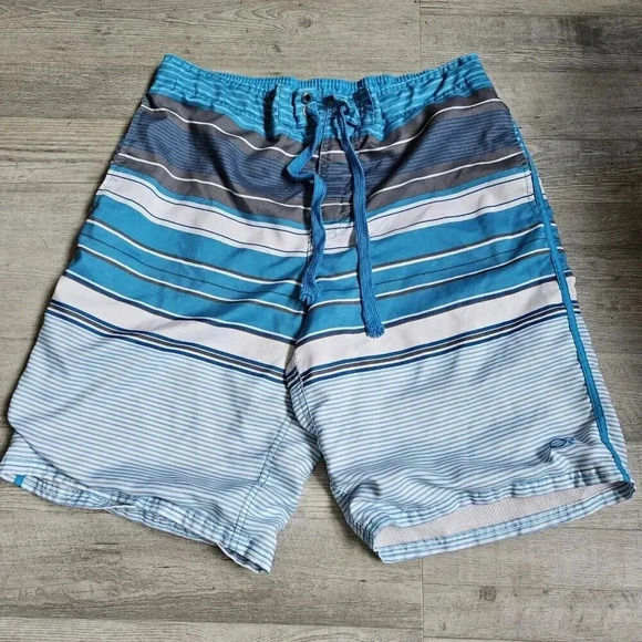 OP Men’s Medium 32 34 Swim Shorts Blue Surf Board Trunks Pockets Striped Grey - Picture 1 of 8